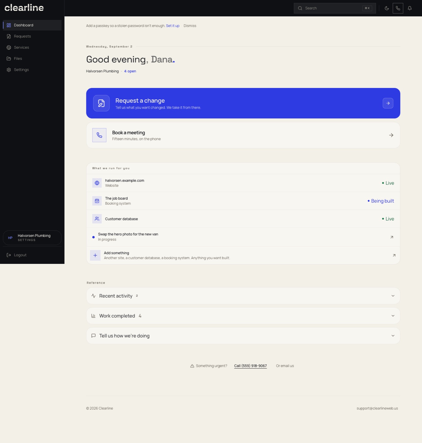 The portal's home screen for a demo account: the business name, what is open, what we run, and site watch.