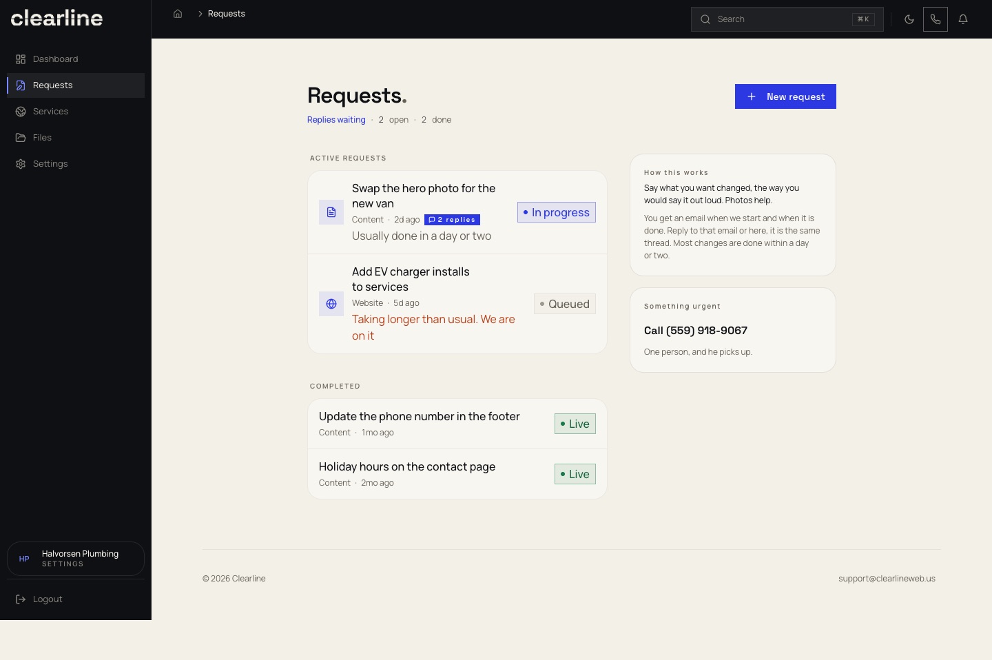 The portal's requests screen for a demo account: a change typed in plain words, with its conversation and status.